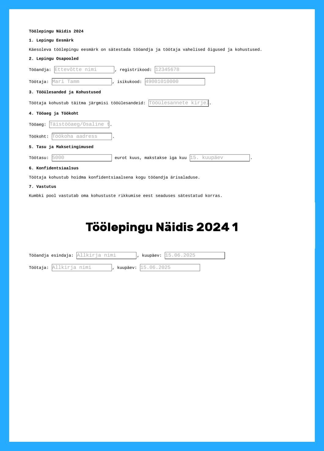 Töölepingu Näidis 2024