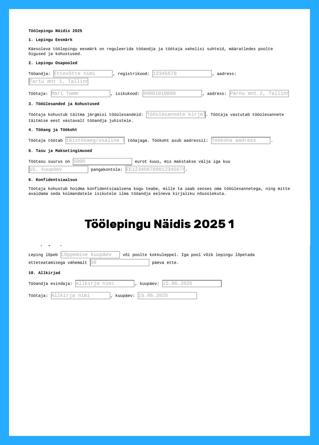 Töölepingu Näidis 2025