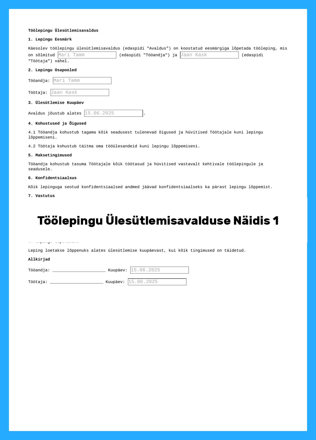 Töölepingu Ülesütlemisavalduse Näidis