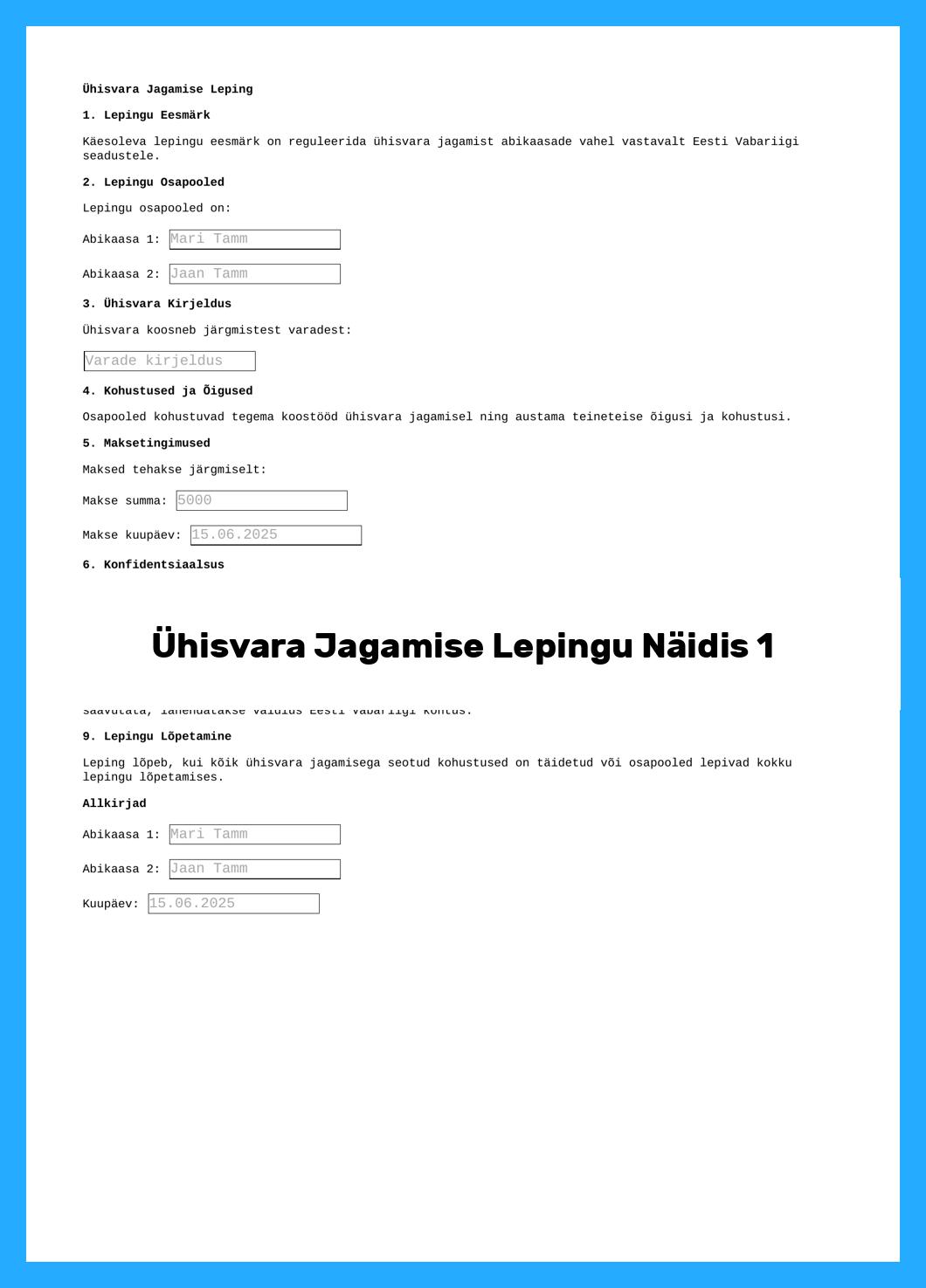 Ühisvara Jagamise Lepingu Näidis