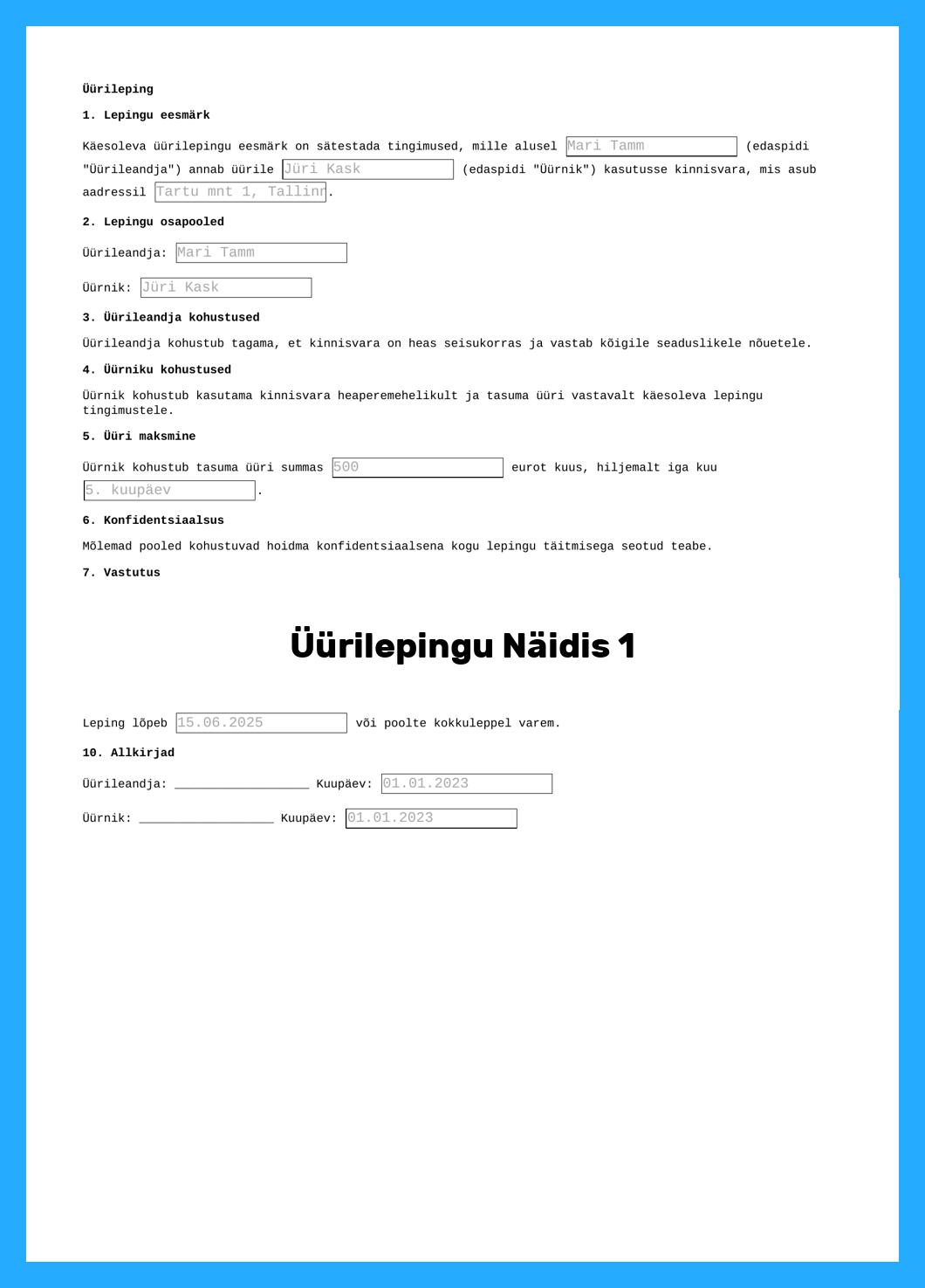 Üürilepingu Näidis