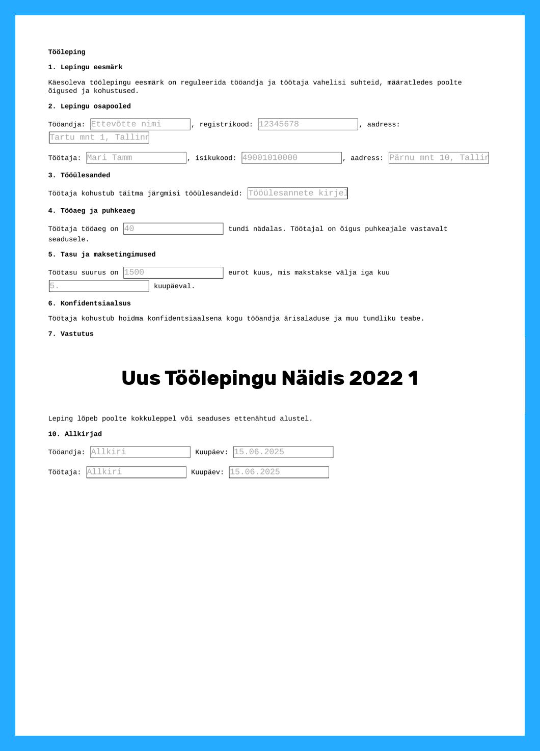 Uus Töölepingu Näidis 2022